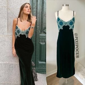 ZARA VELVET + CROCHET MAXI DRESS DARK GREEN / BLUE
